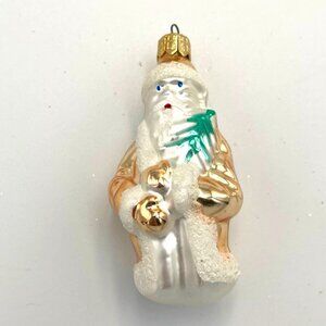 Vtg Blown Glass Santa Claus Christmas Ornament Poland Gold White Silver 3.5" L